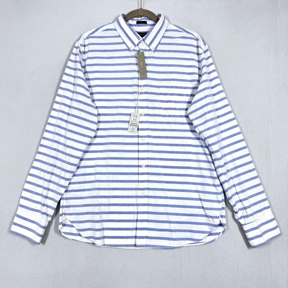 J Crew Shirt Mens Large 2 Ply Cotton Slim Fit Blue Stripe Coastal Preppy NWT